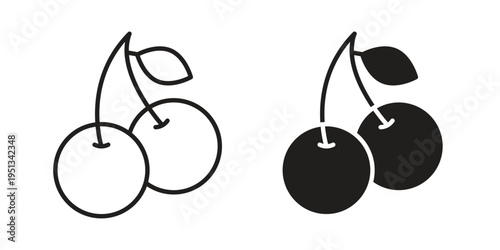 Cherry icon set. outlined and solid flat clipart versions.
