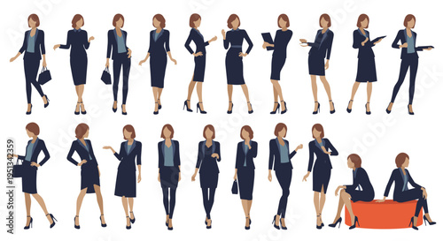 Silhouettes of professional businesswomen are presented in various poses including standing, sitting, and holding documents.