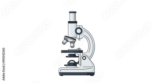 Detailed technical illustration of a laboratory microscope shows all the adjustment knobs, lenses, and the specimen stage area.