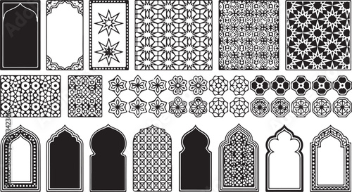 Islamic geometric patterns and arches in black and white for design and decoration purposes