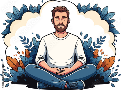 Bearded man in white shirt meditates peacefully surrounded by stylized blue and orange foliage, symbolizing mental clarity and calm.