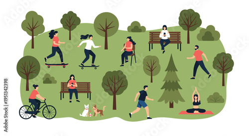 People enjoy various outdoor activities in a green urban park including cycling, skateboarding, yoga, running, and walking dogs.
