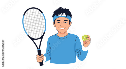 Smiling young boy with a blue headband holds a tennis racket and a tennis ball while preparing for a sports game.
