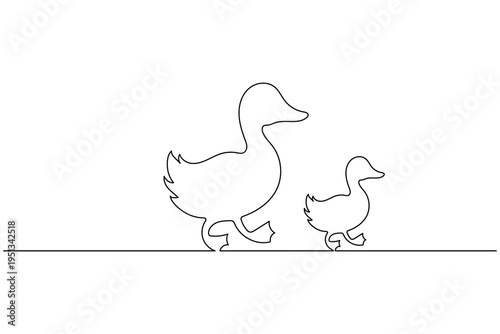 Mother duck walking with duckling continuous one line art