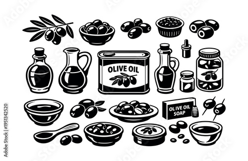 Olive oil and olives icons showing various products like bottles, cans, jars, soap, branches, and bowls