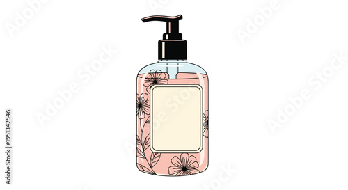 Transparent pump bottle of liquid soap is decorated with black flower outlines and contains pink liquid inside for hand washing.