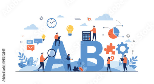 Business team works around large letters A and B with icons for email, light bulbs, clocks, and financial charts.