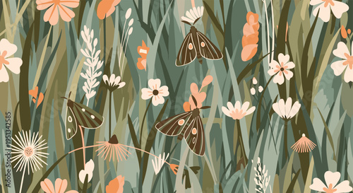 Seamless pattern of wildflowers, grasses, and moths is presented in a muted color palette for a vintage botanical look.