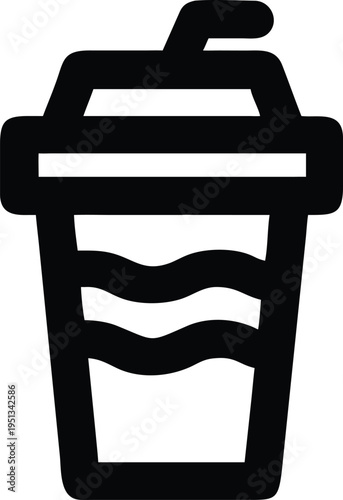 Black silhouette of a disposable cup with a straw white background isolated