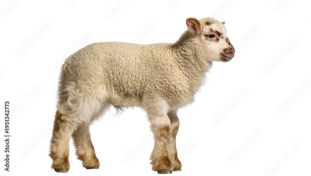 Fototapeta premium Isolated adorable young lamb with fluffy wool and unique brown facial markings standing