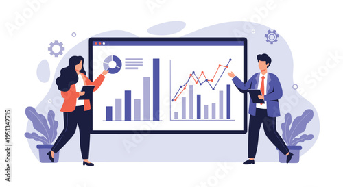 Professional man and woman presenting business growth data using large interactive screens with colorful charts and graphs.