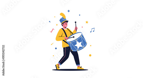 Energetic marching band member in a bright yellow and blue uniform plays a decorated drum amid festive colorful shapes.