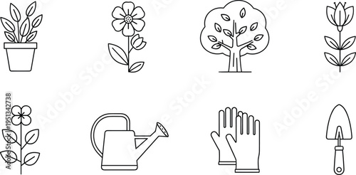 Gardening and Plant Care Icon Set Featuring Plants, Flowers, Tree, Watering Can, Gloves, and Gardening Tools for Home Gardening and Horticulture Applications