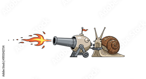 Whimsical cartoon illustration of a determined snail towing a large metal cannon that is firing a bright orange flame.