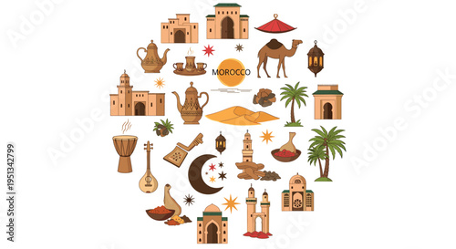 Decorative circular arrangement of traditional Moroccan cultural elements including architecture camels teapots and instruments.