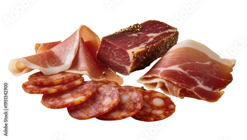 Photos Isolated Assortment of gourmet traditional cured meats including prosciutto, sal