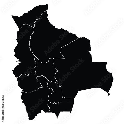 Silhouette map of Bolivia divided into regions with white borders