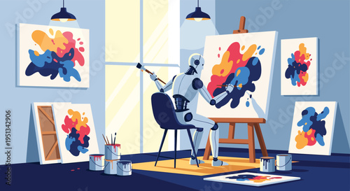 Futuristic robot artist sits at an easel and paints a vibrant abstract colorful masterpiece in a bright art studio space.
