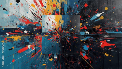Vibrant abstract art with colorful splatters and dynamic brushstrokes on canvas