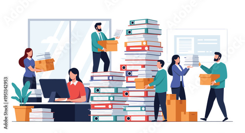 Group of office workers managing a massive workload with towering stacks of files and boxes in a busy professional setting.