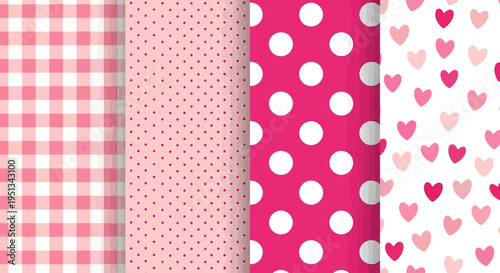 Set of Seamless Pink Patterns with Gingham, Polka Dots, and Hearts for Valentine's Day and Baby Shower Decor