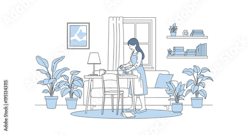 Young woman in an apron irons clothes carefully on a desk in a cozy room filled with green houseplants and sunlight from a window.