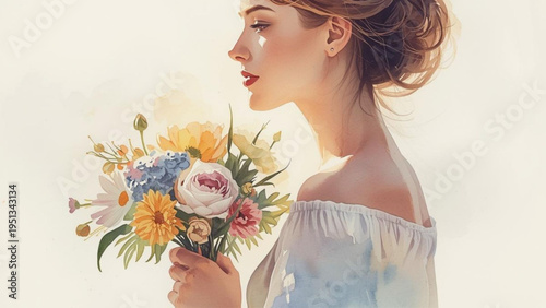 Woman holding colorful bouquet of flowers in hand smiling softly