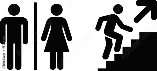 Male Female Icons and Person Climbing Stairs Icon on White Background woman
