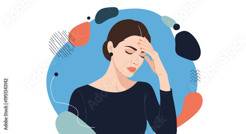 Stressed woman wearing a dark blue dress touches her forehead while closing her eyes against a colorful abstract background with shapes.