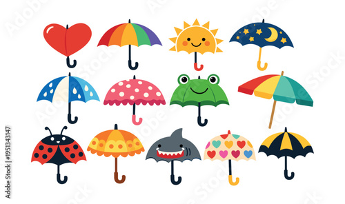 Variety of colorful kid-friendly cartoon umbrellas isolated on a white background, concept of weather, childhood, and fun