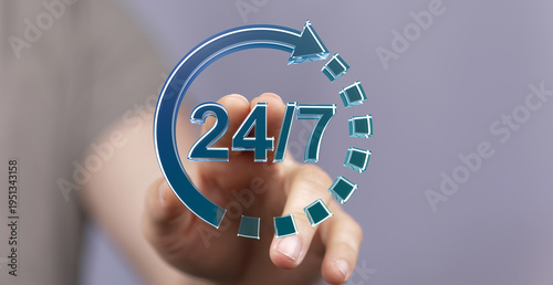 Hand touching 24/7 icon, re...