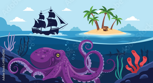 Underwater ocean scene features a giant purple octopus on the seabed near a tropical island with a pirate ship and a treasure chest.