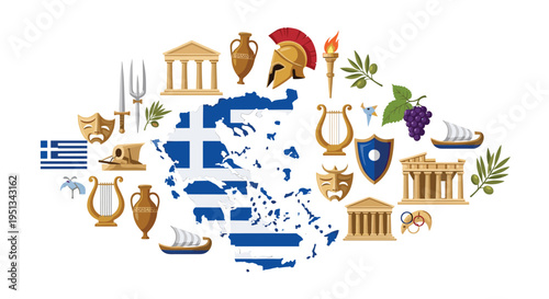 Detailed map of Greece is surrounded by traditional cultural symbols including ancient temples, a hoplite helmet, grapes, and musical harps.