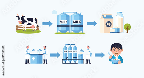 Educational infographic shows the industrial process of milk production from a cow grazing in a field to factory storage and final consumption.