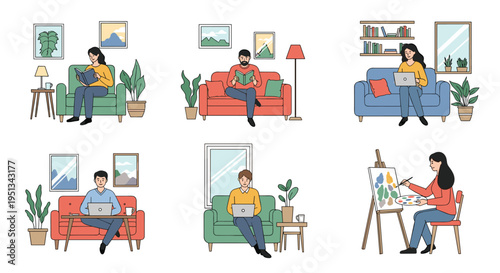Collection of people enjoying various hobbies at home includes reading on a sofa, working on a laptop, and painting an artistic canvas.
