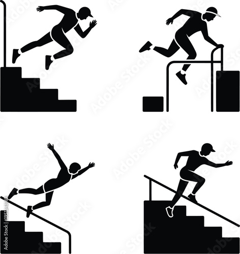 Athlete performing various hurdle and stair techniques in track and field

