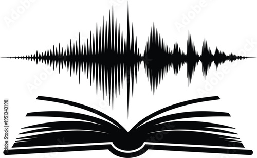 The fusion of audio waves and an open book symbolizes storytelling through sound