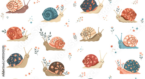 Seamless pattern features many cute snails with different colorful shell designs and small flowers crawling over a clean white background.