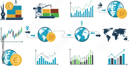 Global Trade, Investment, and Currency Exchange Icons with Graphs, Containers, and World Maps Vector Illustration