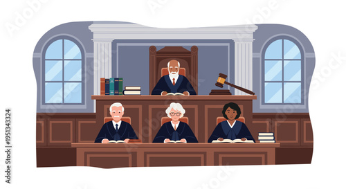 Diverse group of judges in black robes sit at a high wooden bench in a formal courtroom with law books and a gavel during a trial.