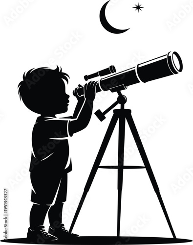 A child exploring the stars with a telescope under a crescent moon