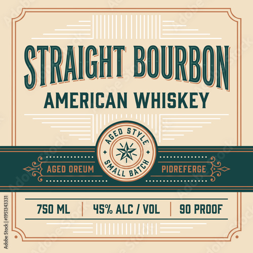 Label design for straight bourbon American whiskey showing bottle details and alcohol content