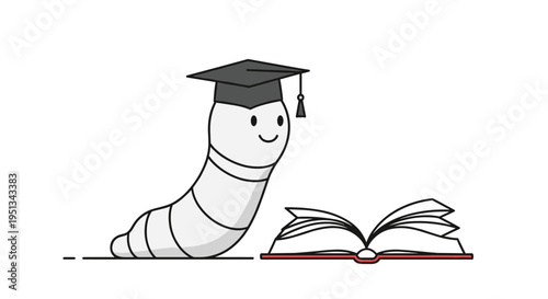 Adorable cartoon bookworm wearing a black graduation cap smiles while reading an open book on a simple white background with clean lines.