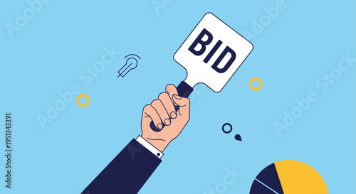 Businessman holds up a white auction paddle with the word BID on it against a light blue background decorated with abstract financial icons.