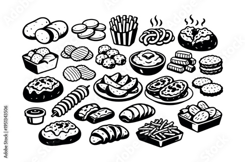 Potato food icons collection illustrating different potato preparations including french fries, chips, wedges, mashed potatoes, and more