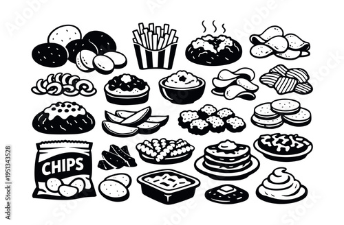 Potato food collection featuring different common potato dishes and snacks, showing whole potatoes, fries, chips, mashed potato, and baked potatoes