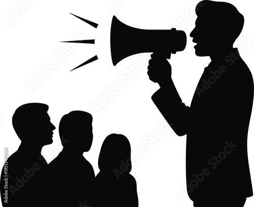 A person speaking loudly to an attentive audience with a megaphone