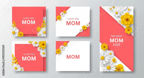 Mother's Day Greeting Card Templates Set with 3D Paper Cut Flowers and Floral Designs for Social Media and Print