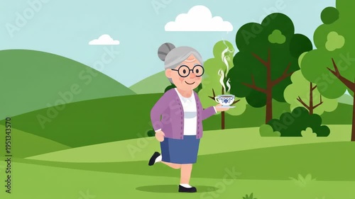 Animated senior woman enjoying tea in nature cartoon style green landscape with hills and trees
