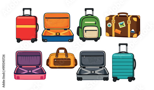 Group of colorful travel luggage, including open and closed suitcases, showing concepts of packing, trip preparation, and holiday tours